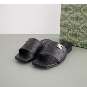 [국내배송]구찌 [GUCCI] 블랙 GG 레더 여성 더블 G 슬라이드 샌들